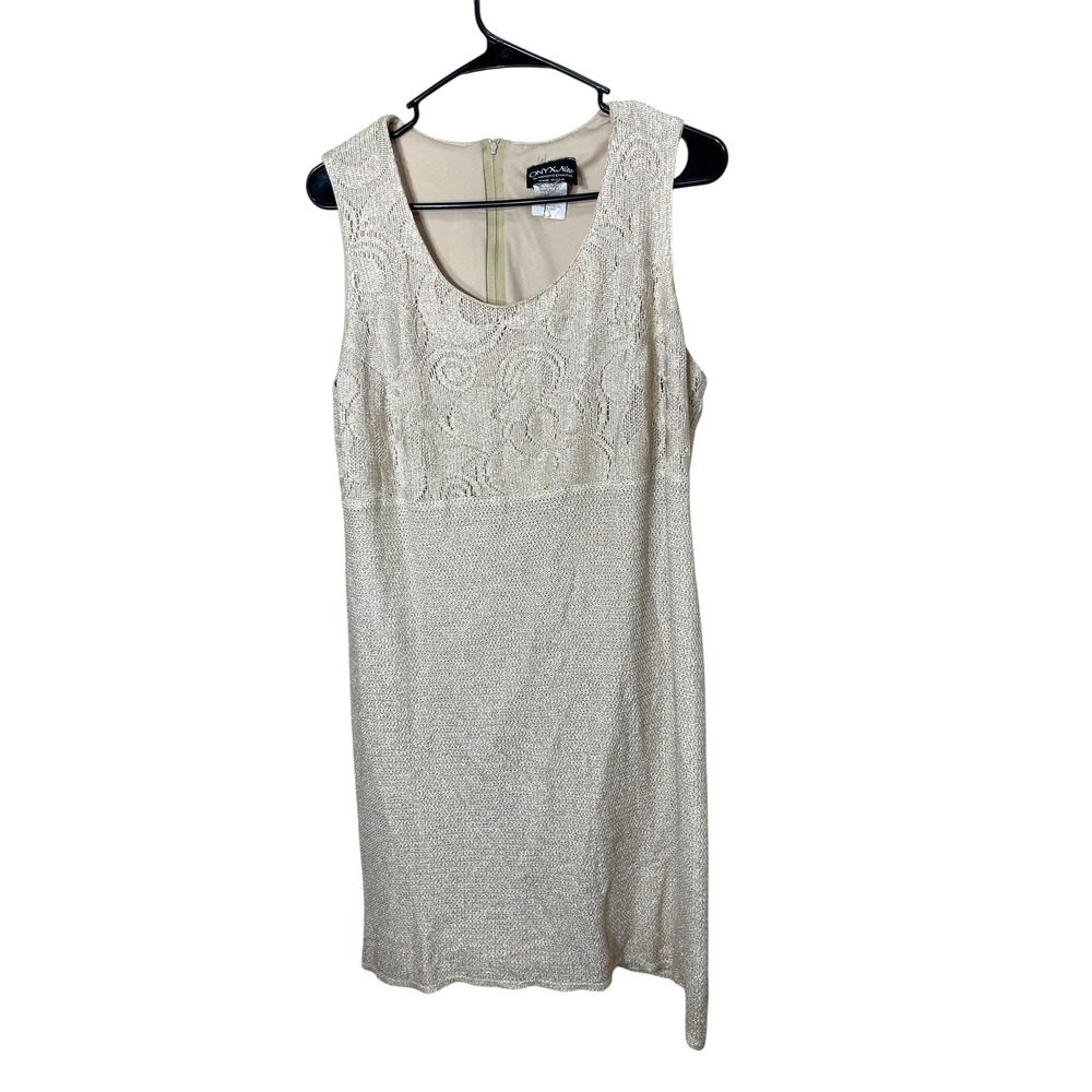 Onyx Nite Womens Dress Size 4 Sleeveless Gold Metallic Crochet Party‎ Cocktail